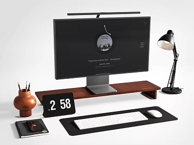 Modern Computer Setup With Monitor Keyboard On Wooden Stand Desk Lamp And Digital Clock 3d model