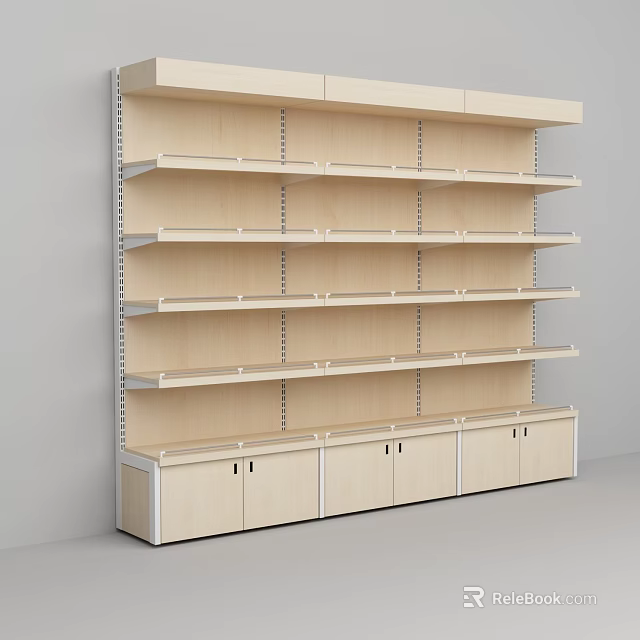 Wooden Shelving Unit With Multiple Open Shelves And Bottom Storage Cabinets 3d model 