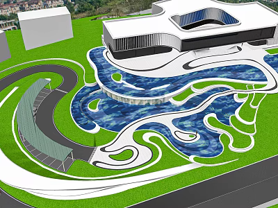 Modern Garden Landscape Design With Curved Water Features Green Lawn And Pathways 3d model