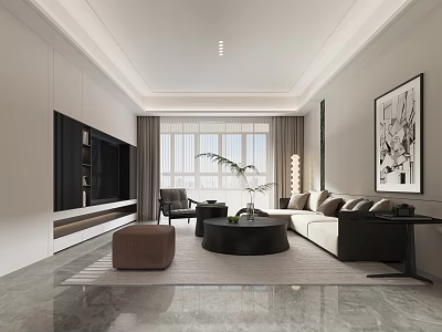 Modern Living Dining Room Interior With Sofa Coffee Table Large Windows And Decorative Painting 3d model