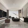Modern Living Dining Room Interior With Sofa Coffee Table Large Windows And Decorative Painting