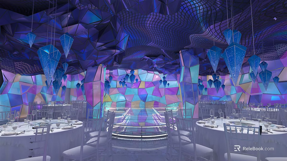 Elegant Banquet Hall With Geometric Ceiling Colorful Glass Walls Hanging Chandeliers And Round Dining Tables 3d model 