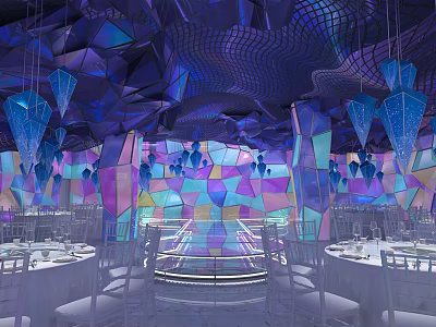 Elegant Banquet Hall With Geometric Ceiling Colorful Glass Walls Hanging Chandeliers And Round Dining Tables 3d model