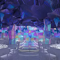 Elegant Banquet Hall With Geometric Ceiling Colorful Glass Walls Hanging Chandeliers And Round Dining Tables