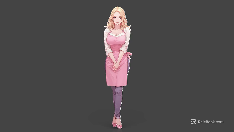 Anime Style Game Movie Character With Blonde Hair Pink Apron Purple Pants And Pink Heels 3d model 