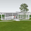 Safe Joyful Children's Playground With White Pavilion Green Lawn Trees And Tall Buildings
