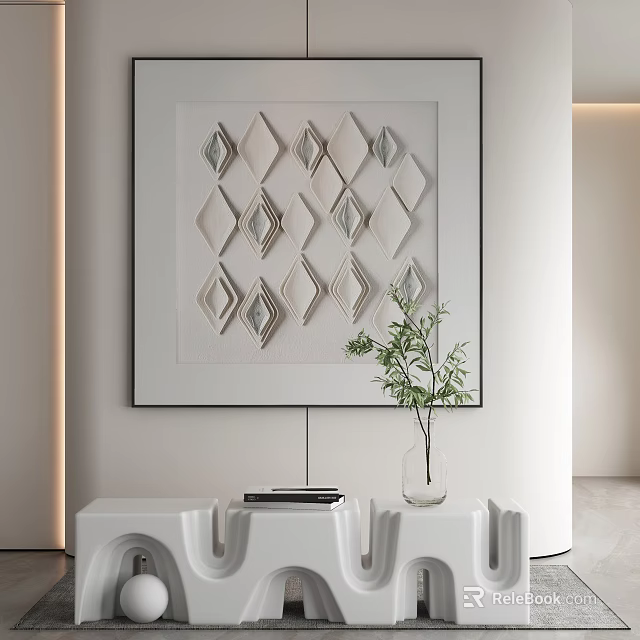 Modern Abstract Painting With Geometric Shapes White Frame Gray Accents And Green Plant Decor 3d model 