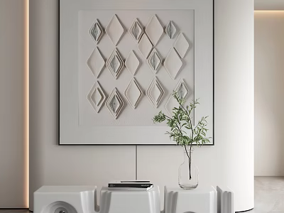 Modern Abstract Painting With Geometric Shapes White Frame Gray Accents And Green Plant Decor 3d model