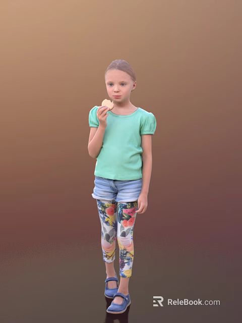 Little Girl In Green Short Sleeve Top Denim Shorts And Floral Pants Holding Cookie 3d model 
