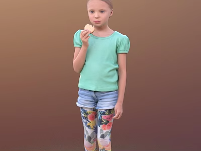 Little Girl In Green Short Sleeve Top Denim Shorts And Floral Pants Holding Cookie 3d model
