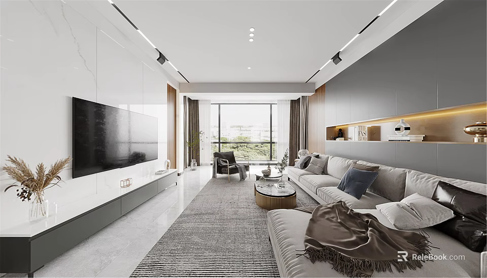 Modern Living Dining Room Interior With Large TV Sofa Rug And Floor to Ceiling Windows 3d model 