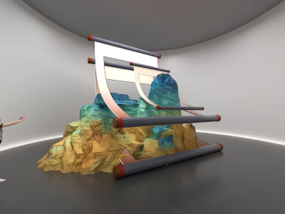 Art Installation Featuring Rock Formation White Curved Structures Red Gray Elongated Elements In Gallery 3d model