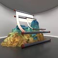 Art Installation Featuring Rock Formation White Curved Structures Red Gray Elongated Elements In Gallery