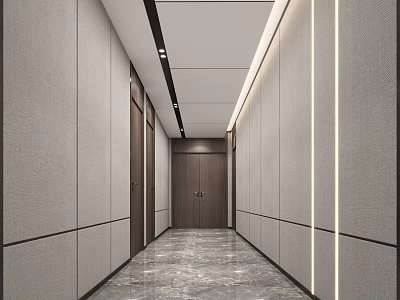 Modern Elevator Corridor Interior With Wall Panels Marble Flooring And Linear Lighting 3d model
