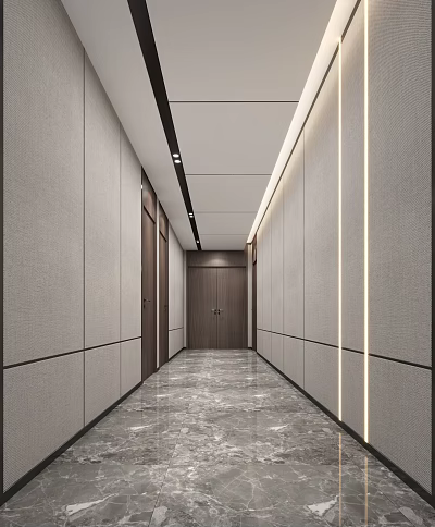 Modern Elevator Corridor Interior With Wall Panels Marble Flooring And Linear Lighting 3d model
