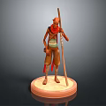 3D Character Model With Staff Red Scarf And Striped Clothing On Round Base 3d model
