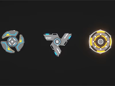 Three Futuristic Tech Icons With Geometric Shapes Blue Yellow Accents And Glow Effects 3d model