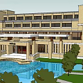 Elegant Hotel Building Architecture With Waterfront Pool And Lush Green Landscape