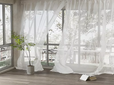 White Sheer Curtains Enhancing Indoor Natural Light With Window Green Plant And Wooden Floor 3d model