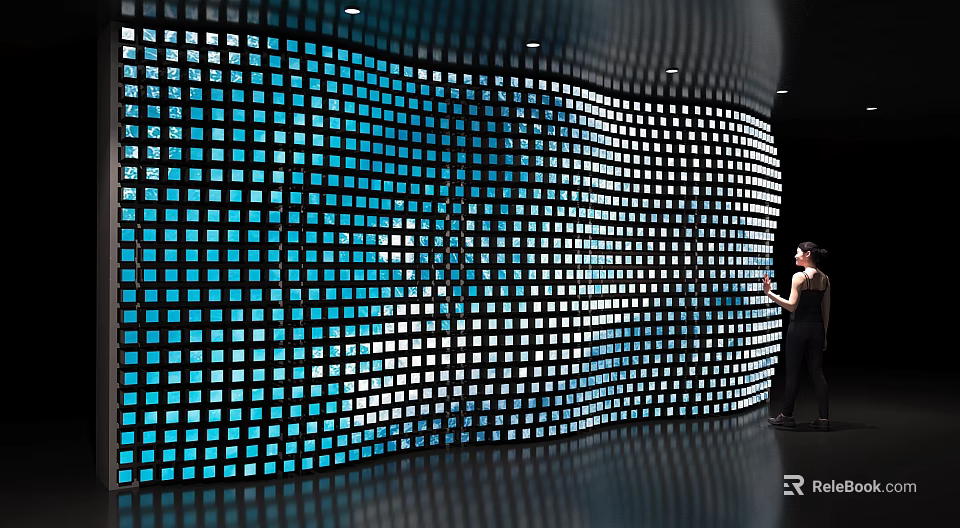 Curved Background Wall with Small Blue and White Panels and Person Interacting in Modern Interior 3d model 