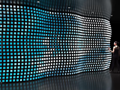 Curved Background Wall with Small Blue and White Panels and Person Interacting in Modern Interior 3d model