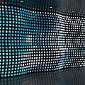 Curved Background Wall with Small Blue and White Panels and Person Interacting in Modern Interior