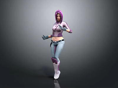 3D Female Character Standing With Purple Hair Purple Top Blue Pants White Boots 3d model