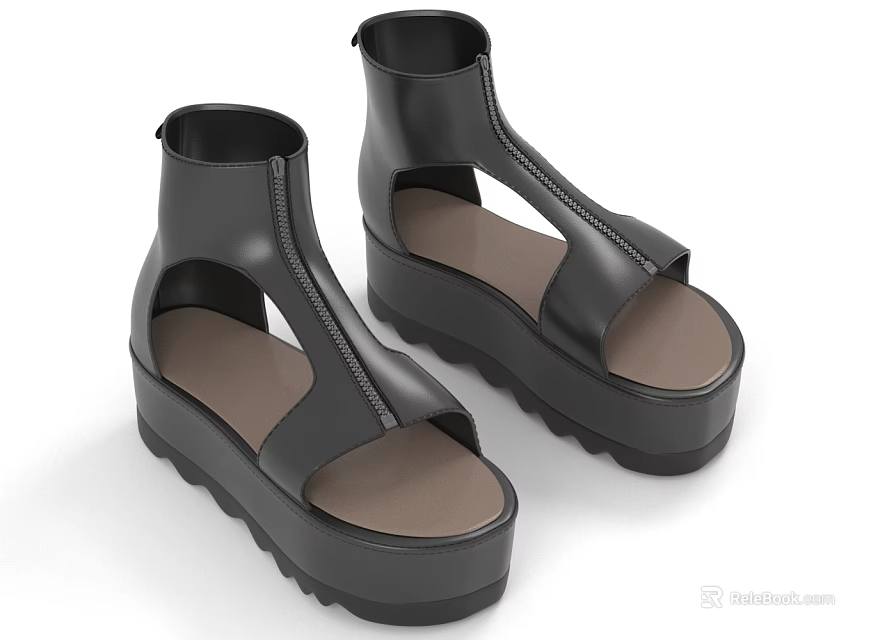 Black Open Toe Leather Platform Sandals With Side Zipper Design 3d model 