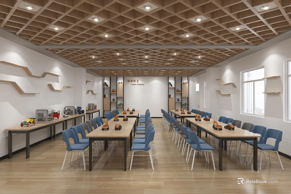School Dining Hall Interior With Long Wooden Tables Blue Chairs Wooden Ceiling And Shelves 3d model 