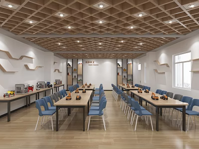 School Dining Hall Interior With Long Wooden Tables Blue Chairs Wooden Ceiling And Shelves 3d model