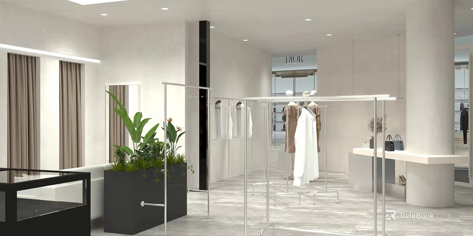 Modern Clothing Store Interior Design With Clothing Racks Hanging Clothes And Green Plants 3d model 