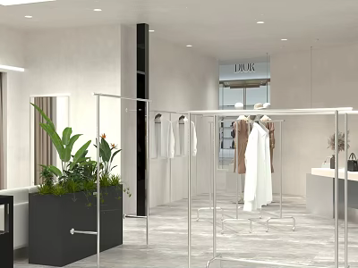 Modern Clothing Store Interior Design With Clothing Racks Hanging Clothes And Green Plants 3d model