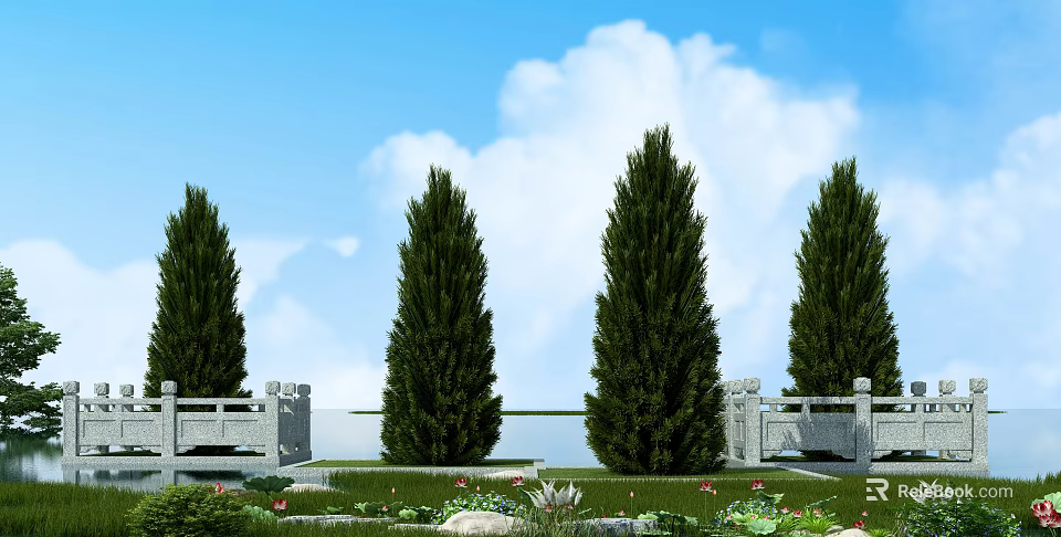 Stone Fence With Carved Design Surrounded By Pine Trees Grass And Flowers Under Blue Sky 3d model 