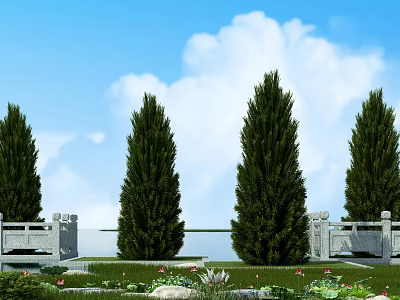Stone Fence With Carved Design Surrounded By Pine Trees Grass And Flowers Under Blue Sky 3d model