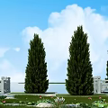 Stone Fence With Carved Design Surrounded By Pine Trees Grass And Flowers Under Blue Sky