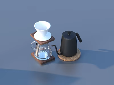 Coffee Tableware Set Featuring White Funnel Wooden Base Glass Pot Black Kettle And Cork Coaster 3d model