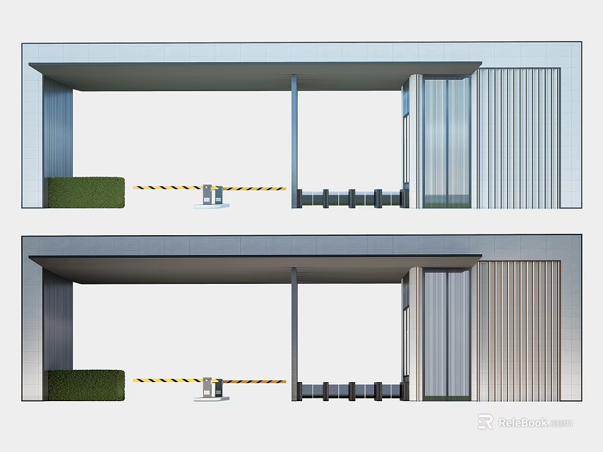 Modern Entrance Gate Design With Metal Structure Green Belt And Striped Floor Markings 3d model 