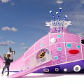Colorful Pink Purple Whale Shaped Play Structure with Slide and Children Playing in Park