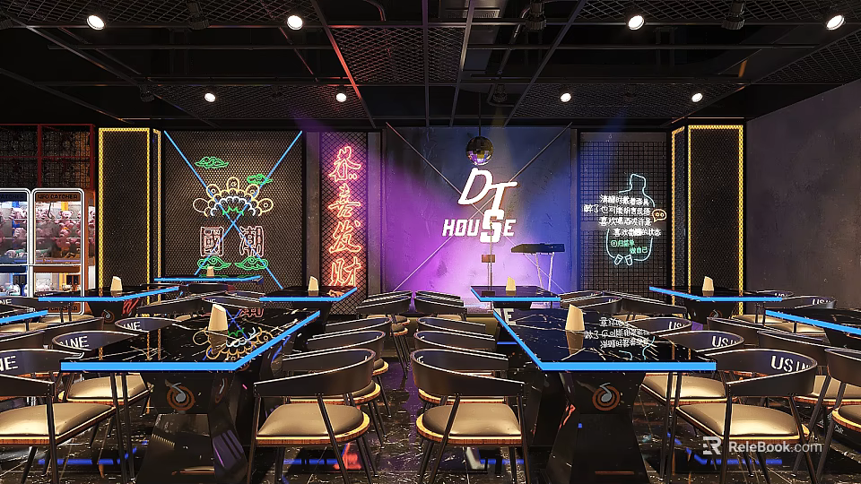 DT HOUSE Modern Bar Interior With Neon Signs Tables And Purple Lighting 3d model 