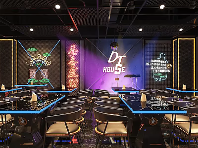 DT HOUSE Modern Bar Interior With Neon Signs Tables And Purple Lighting 3d model