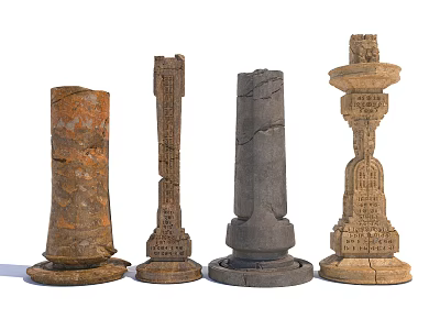 Various Style Stone Columns With Carved Details Textured Bases And Ornate Capitals 3d model