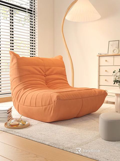 Orange Bean Bag Chair In Living Room With Window Blinds Floor Lamp And Drawer Cabinet 3d model 