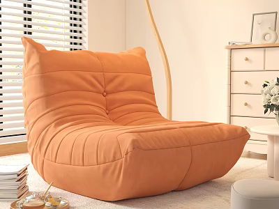 Orange Bean Bag Chair In Living Room With Window Blinds Floor Lamp And Drawer Cabinet 3d model