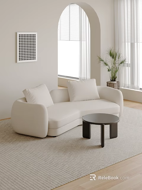 Modern Cream Sectional Sofa with Soft Cushions Black Side Table and Potted Plant Near Window 3d model 
