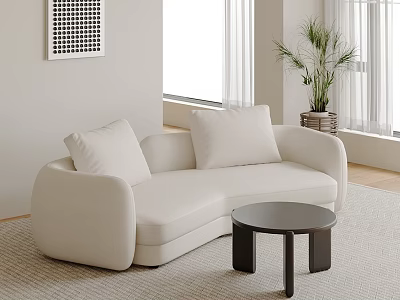 Modern Cream Sectional Sofa with Soft Cushions Black Side Table and Potted Plant Near Window 3d model