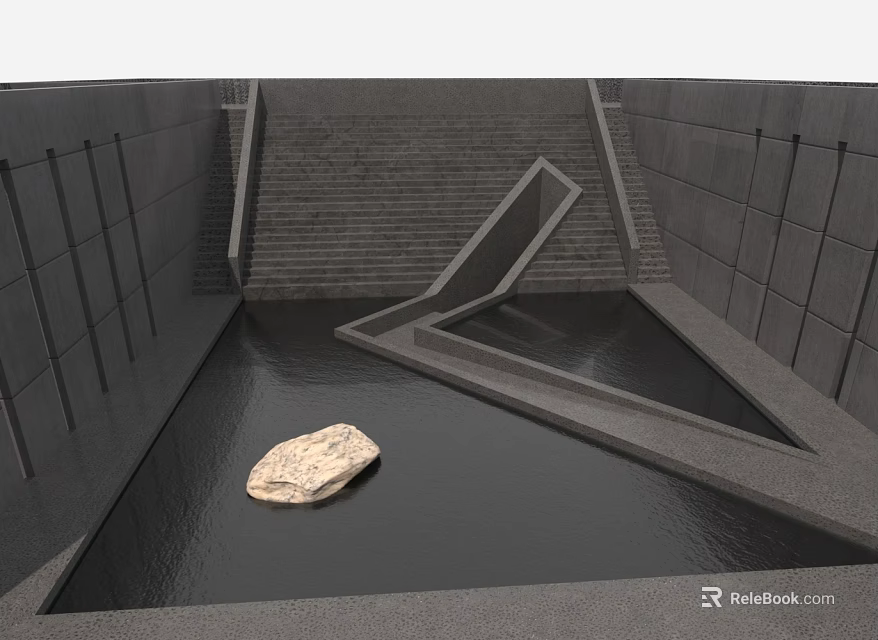 Modern Garden Ornament With Water Pool Geometric Structure And Floating Stone Decor 3d model 