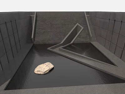 Modern Garden Ornament With Water Pool Geometric Structure And Floating Stone Decor 3d model