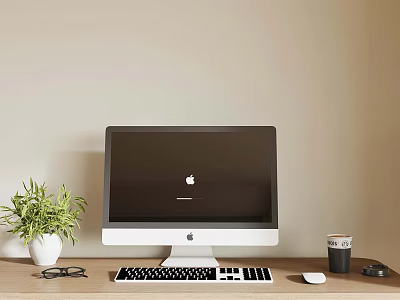 Apple iMac Desktop Setup With Green Plant White Pot Eyeglasses Keyboard And Mouse 3d model