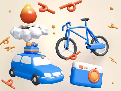 Colorful Cartoon Scene With Blue Car Bicycle Camera Luggage Cloud And Orange Drop Lines Dots 3d model