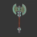 Ornate Double Bladed Axe Weapon With Golden Patterns Blue Gemstone And Brown Handle
